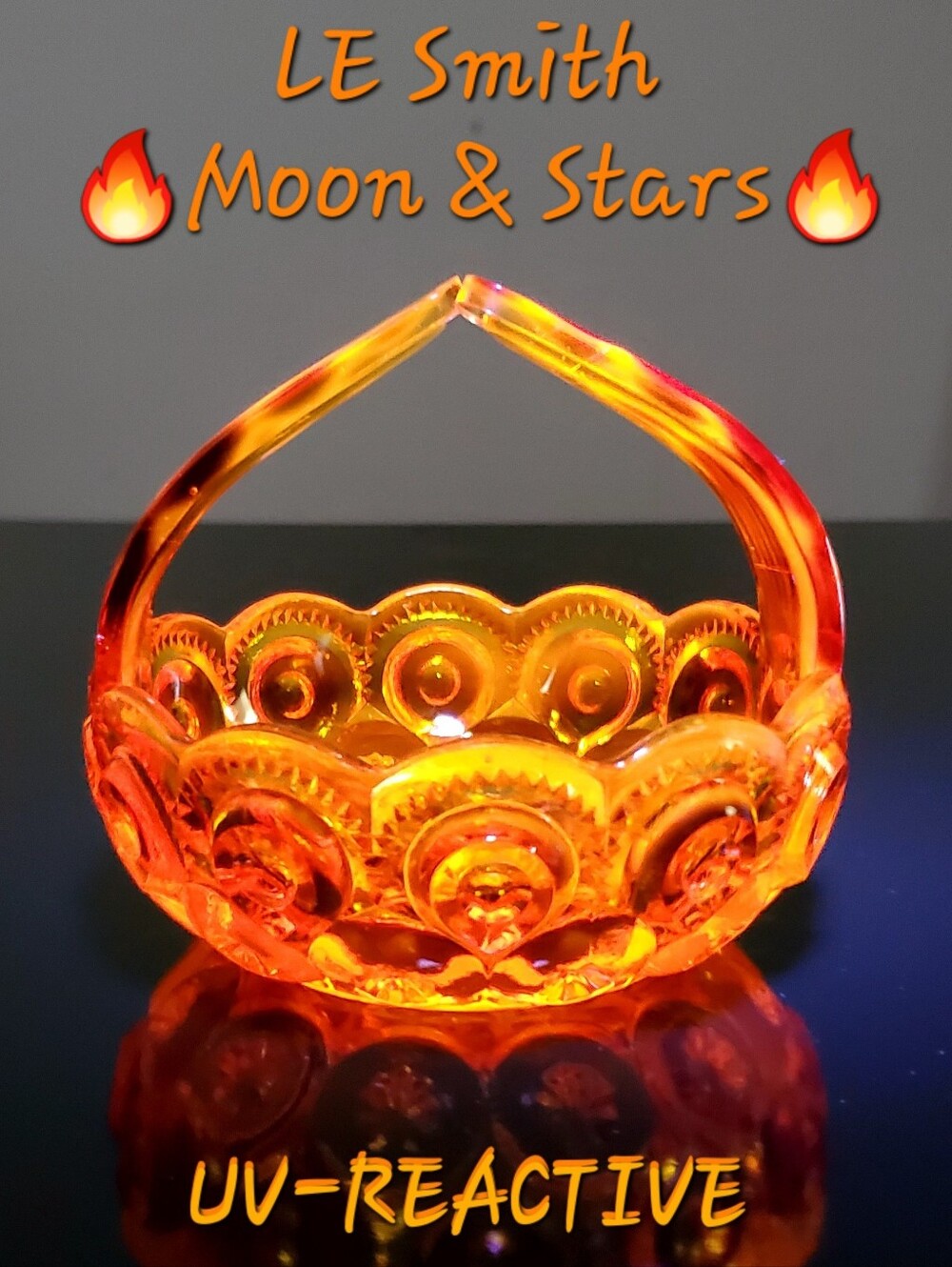 GLOWING Fire Amberina Moon & Star Split Handle Art Glass Basket